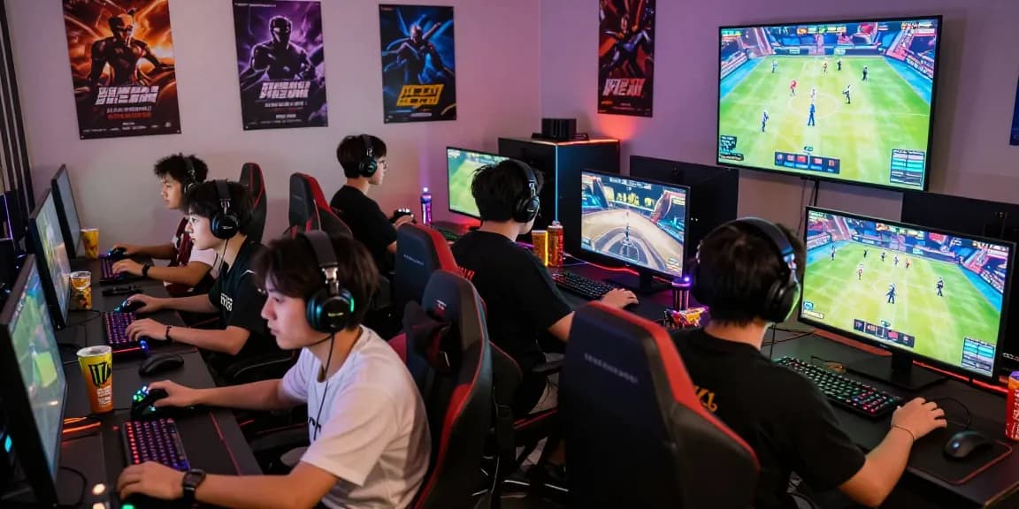Engaged gamers discussing coloksgp link alternatif strategies in a colorful gaming room.