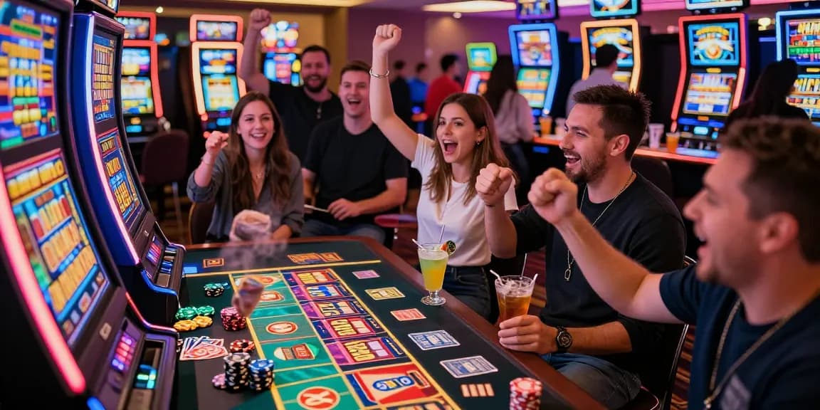 Gorabet Casino'da büyük ikramiye anında coşkulu oyuncular ve kazanç kutlaması.