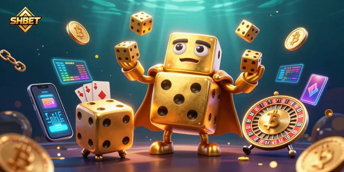 Experience exciting SHBET gaming with golden dice and crypto elements in a vibrant casino scene.