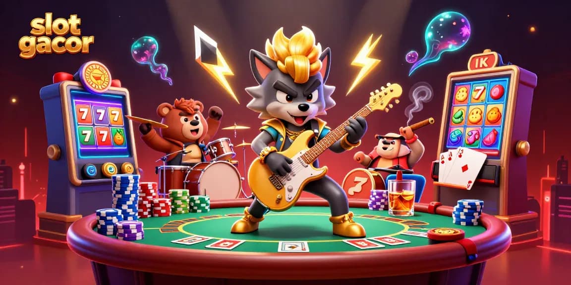 Engage with slot gacor action featuring a rock star wolf and vibrant casino elements.