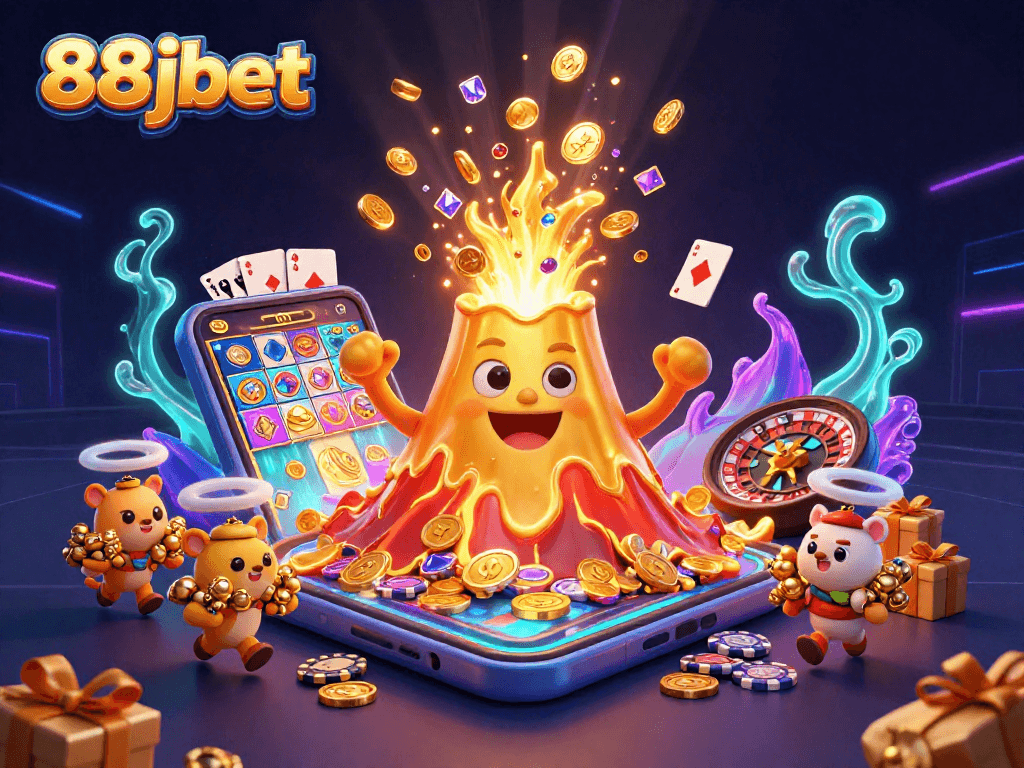 88jbet showcases a triumphant golden volcano erupting coins, thrilling treasure spills everywhere.