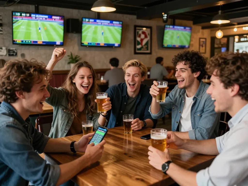 Engaged fans celebrating Sports betting South Africa with live betting activities in a vibrant sports bar.