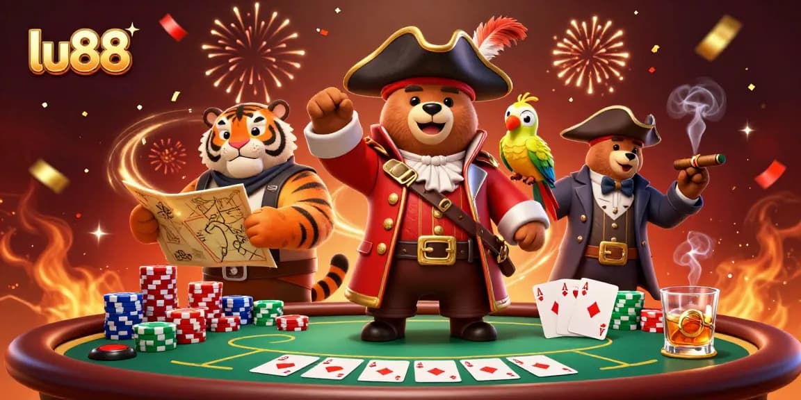 Join the thrilling lu88 poker adventure with a pirate bear and tiger in a vibrant casino scene.
