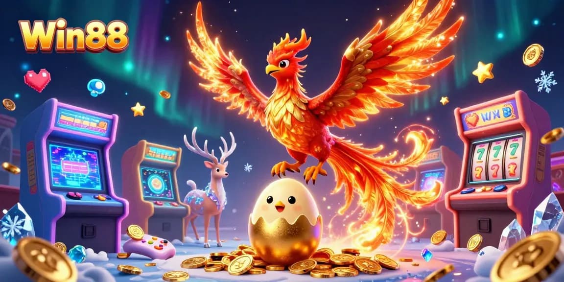 Win88 players winning big with vibrant phoenix and casino elements in a dazzling 3D illustration.