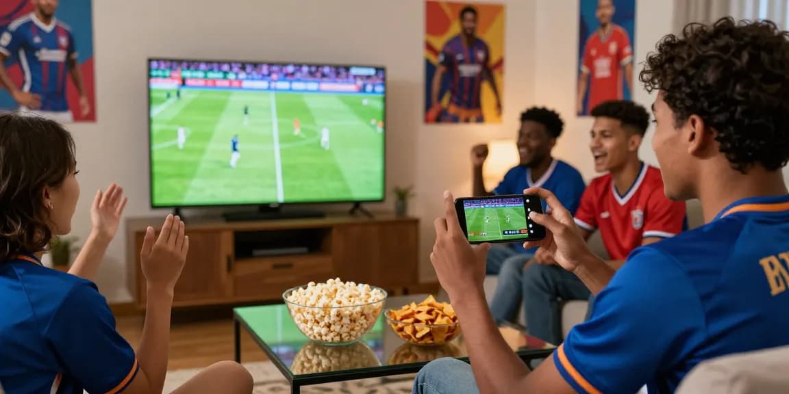 Cheering friends enjoying a live football match on ihdsports.com in a cozy living room.