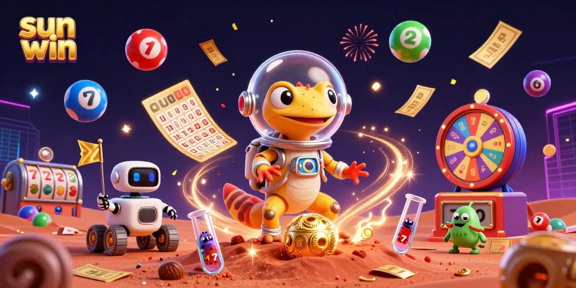 Join the celebration at sun win casino, featuring a Martian gecko and dynamic slot elements.
