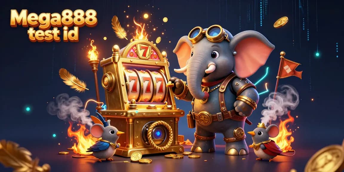 Spin the reels using the mega888 test id featuring a steampunk elephant in a vibrant casino scene.