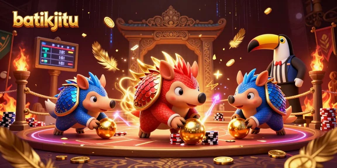 Batikjitu menyajikan pandangan seru dua pangolin bersaing dalam permainan kasino online dengan chip poker yang berhamburan.