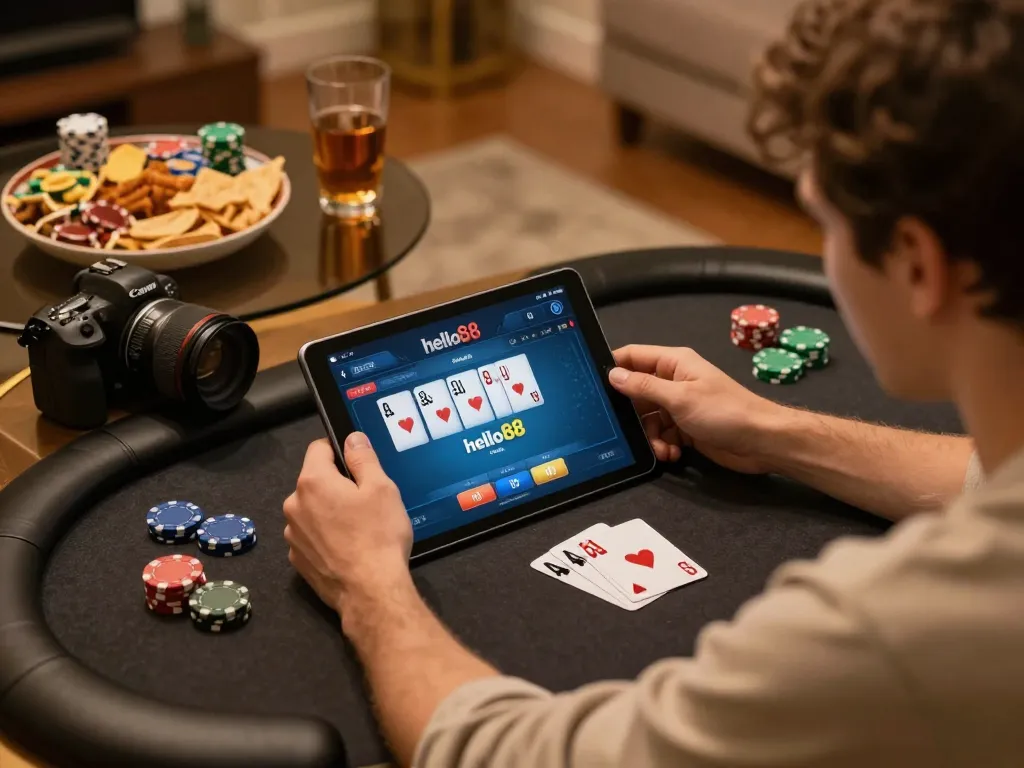 Hello88 online poker player engaged in strategic game at home with cozy surroundings.