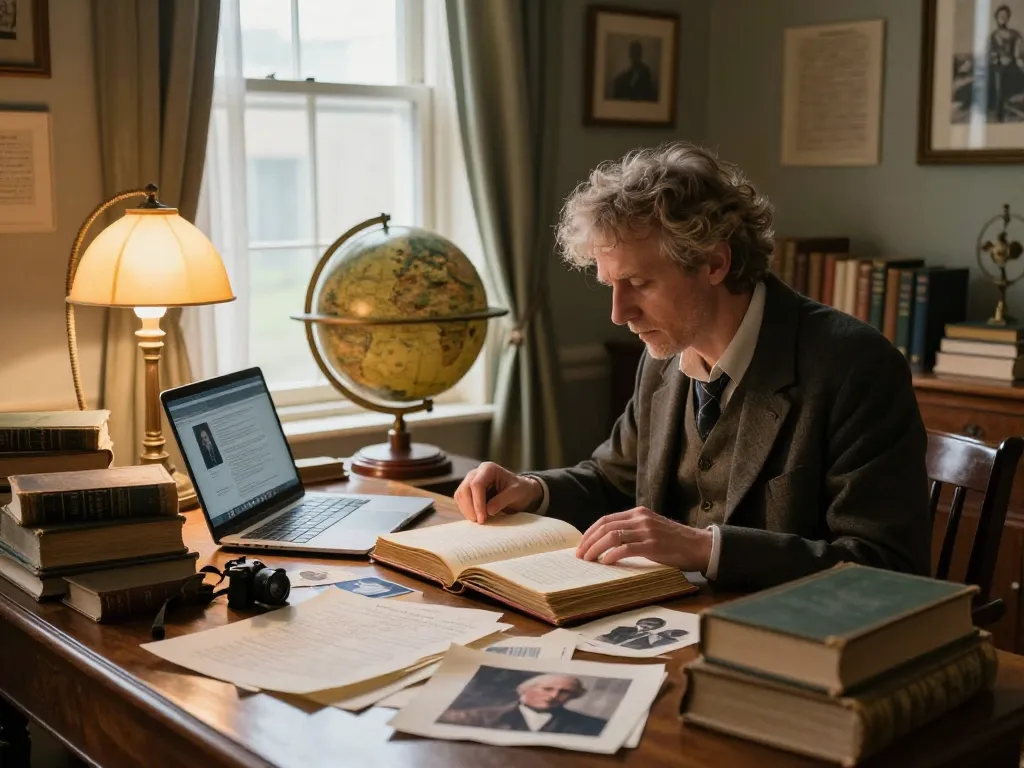 Researching history at https://dohistory.group/ with an antique diary and books in a cozy library