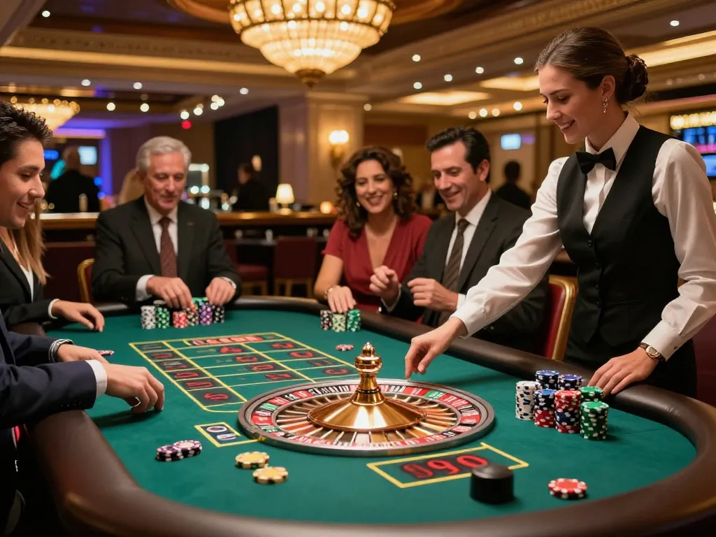 Players placing bets at the roulette table 5679 in a vibrant casino atmosphere.