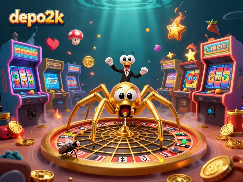 Experience thrilling bets with depo2k in this dynamic casino illustration featuring a golden spider and a centipede dealer.