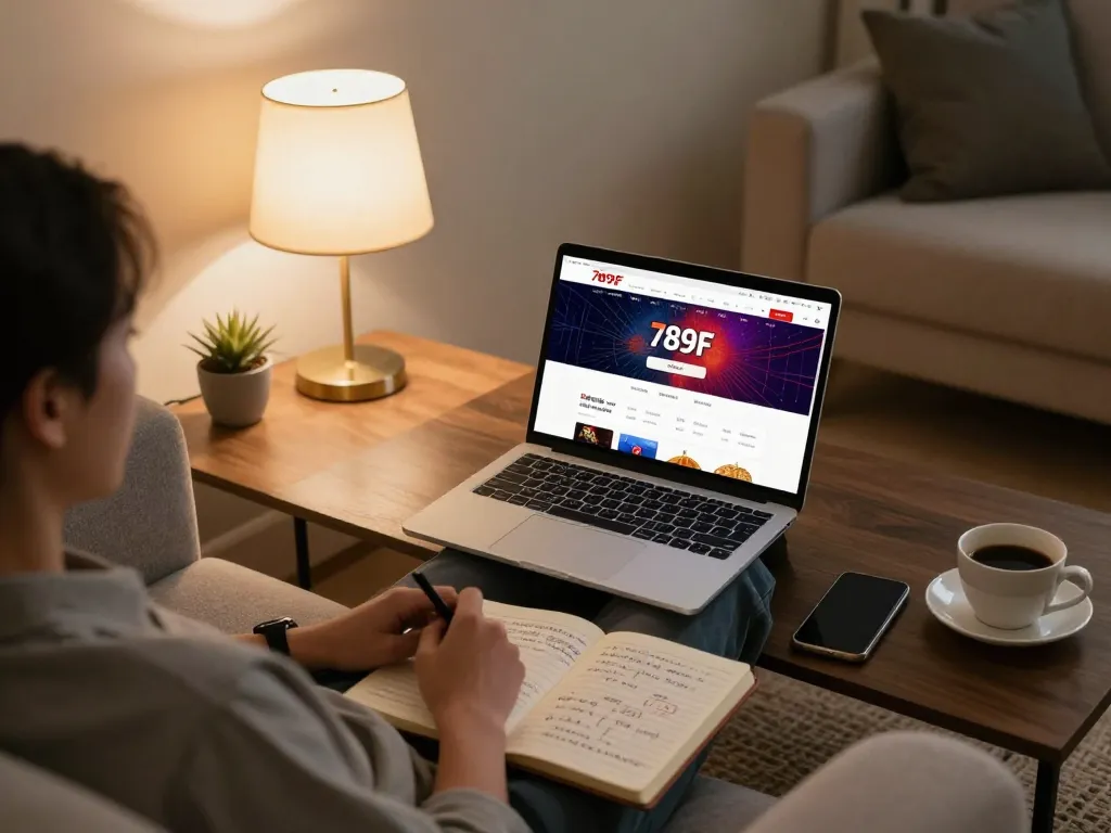 Engaging in online gaming with 789F đăng nhập on a laptop in a cozy living room setting.