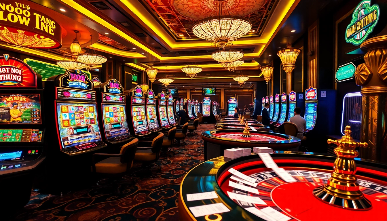 Nổ Hũ Đổi Thưởng slot machines illuminate the vibrant casino floor, inviting serious players to win big.