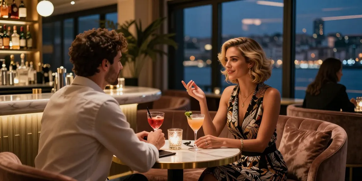 Sefaköy Escort enjoying a sophisticated evening at a chic bar with a client.