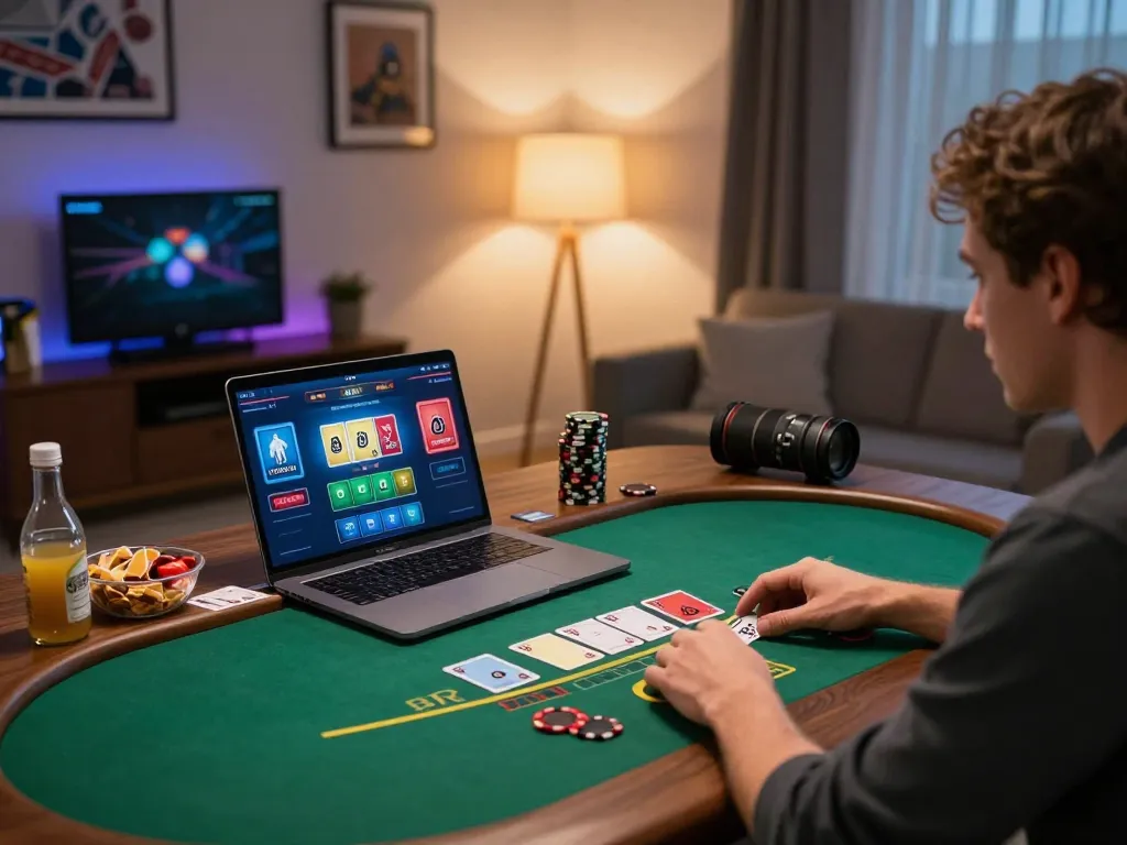 Player engaging in an online blackjack game on KK55, showcasing a vibrant gaming setup and responsible play.