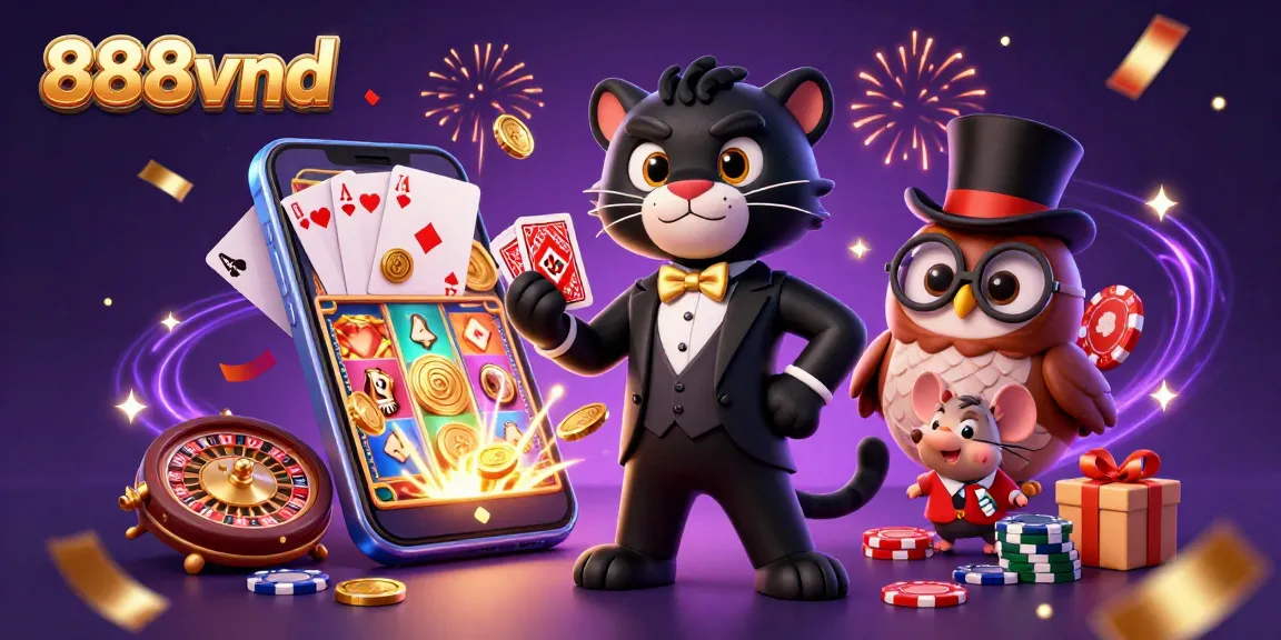 Experience the excitement of gambling with 888vnd as characters play cards and showcase slots.