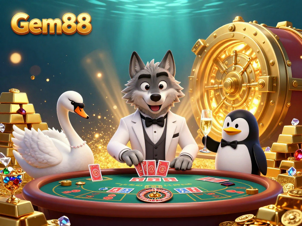 Experience the live casino thrill with Gem88's enchanting scene featuring a wolf, swan, and penguin amidst gold.