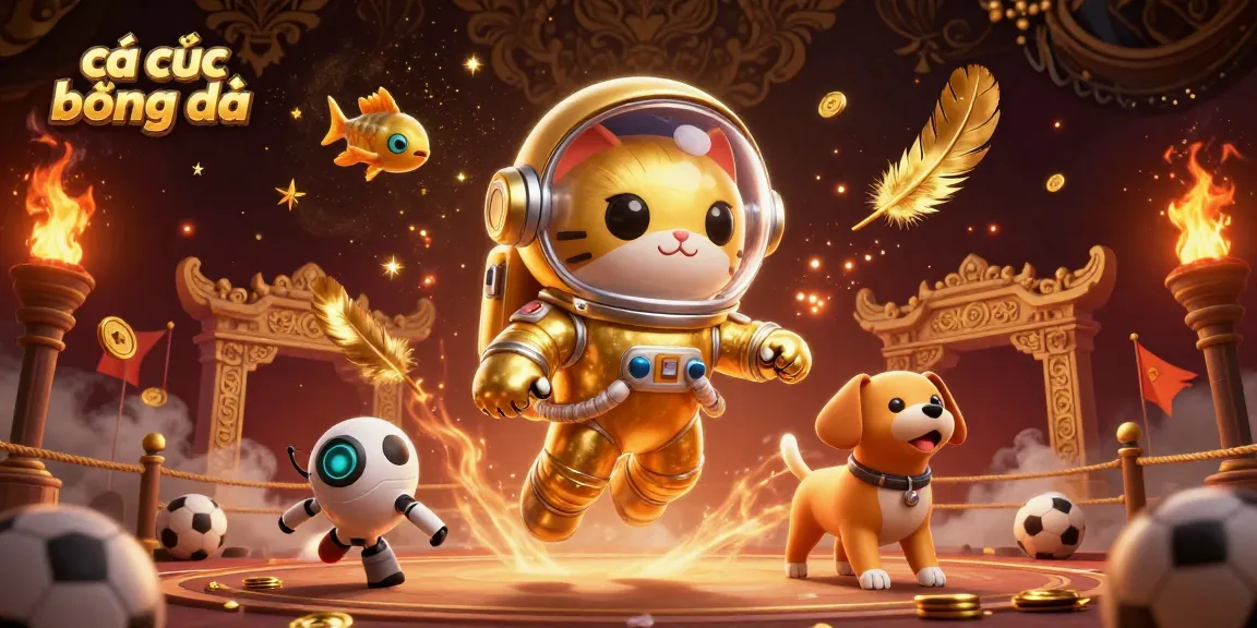 Engaging cá cược bóng đá scene featuring a cat astronaut and a robot dog amidst vibrant betting elements.