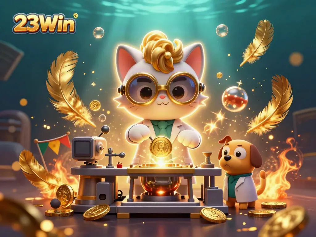 Engage with thrilling 23Win casino excitement, featuring a lively scene of a scientist cat and dog amid gold coins.