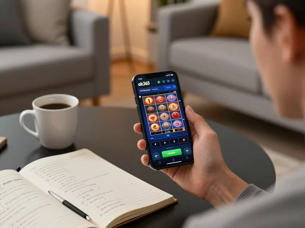 Player engaging with the ok365 casino app on smartphone in a cozy home setting, focusing on responsible entertainment.