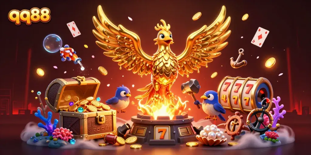 Play slots and win big with the enchanting qq88 golden phoenix emerging from gold-filled treasure.