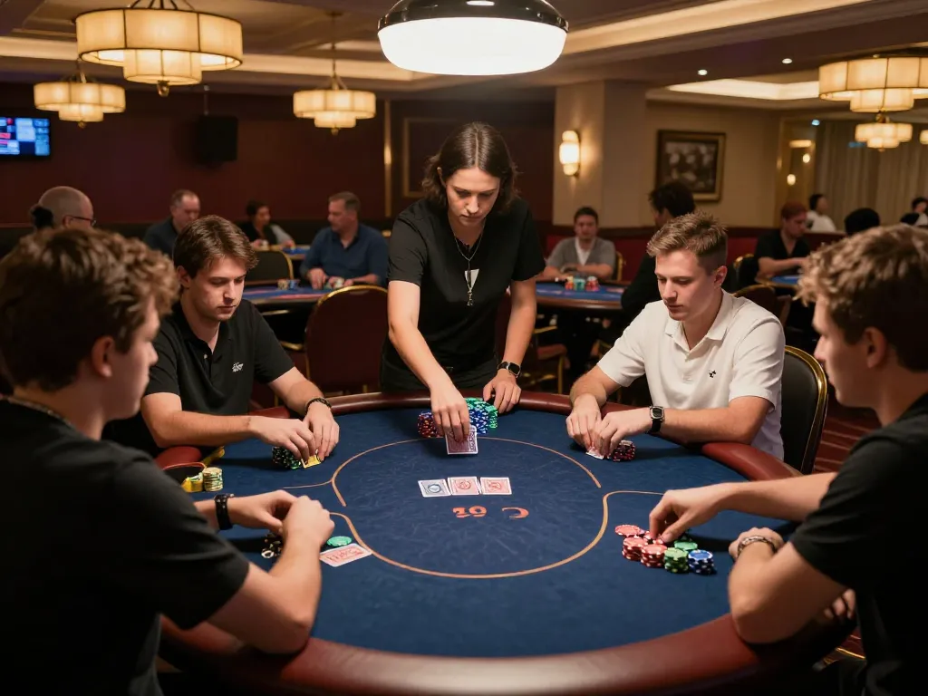 Intense gameplay at uu88 poker table with colorful chips and engaged players in a vibrant casino setting.