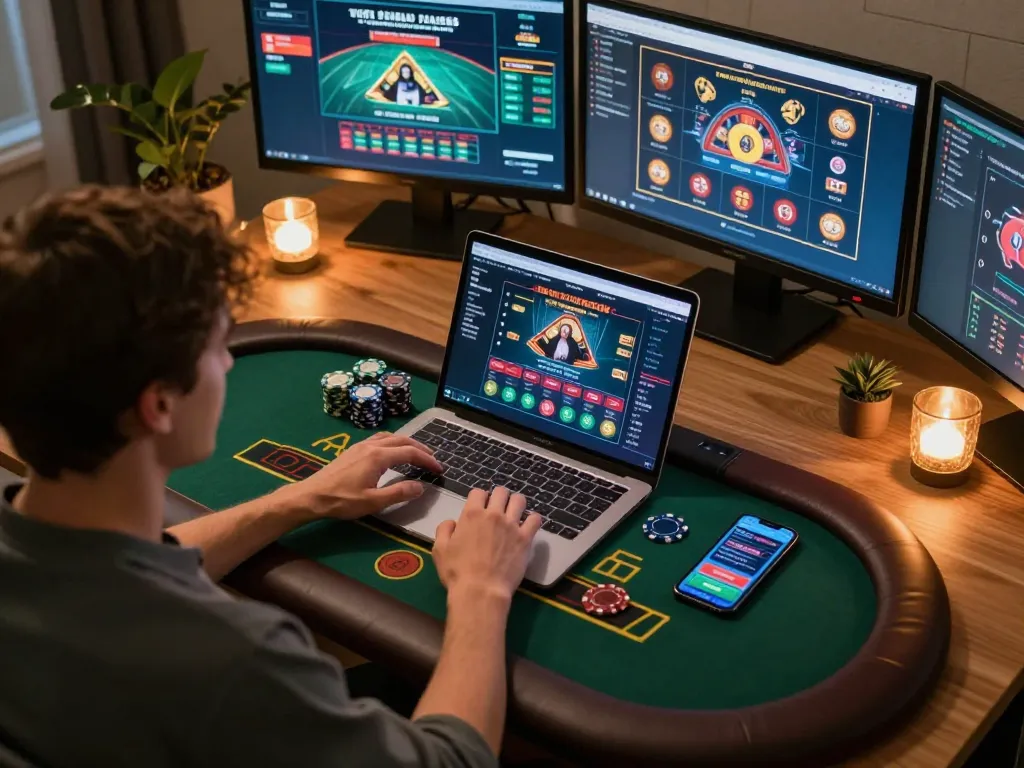 Engaging live blackjack session showcasing No Deposit Bonus excitement at home office.