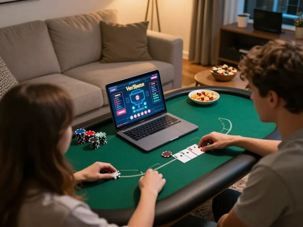 Engaged player enjoying online poker at home, showcasing the spirit of liên minh okwin in a cozy atmosphere.