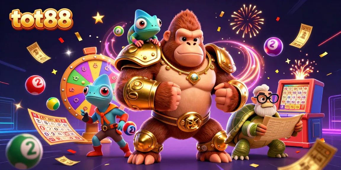 tot88 showcases a vibrant lottery celebration with a powerful gorilla and chameleon characters.