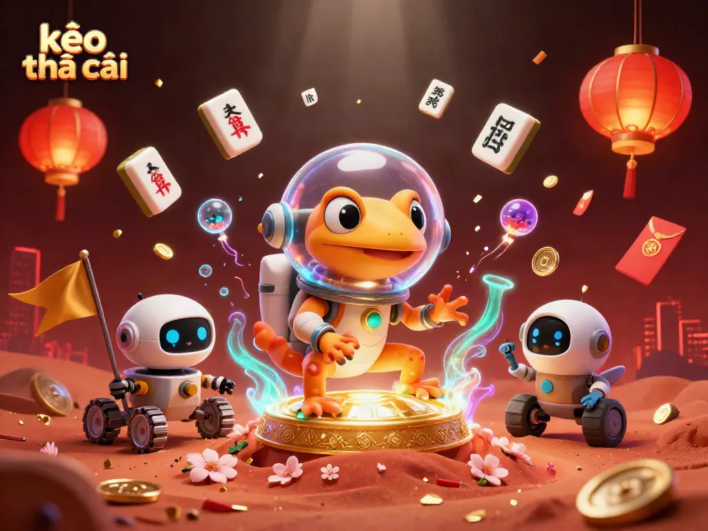Experience the excitement of kèo nhà cái with a 3D Martian gecko in a golden casino setting.