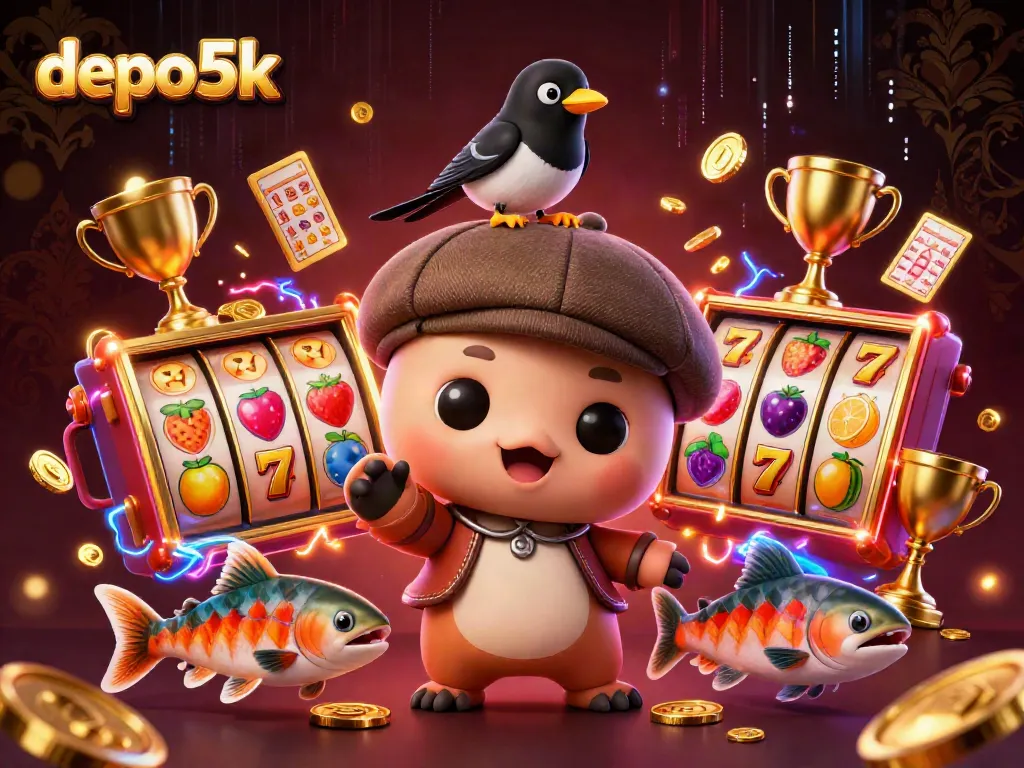 Experience winning moments at depo5k with a playful Loch Ness monster and festive slot reels.