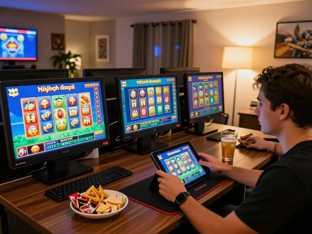 Nổ hũ đổi thưởng gameplay at home, showcasing an engaged player on a tablet in a cozy setting.