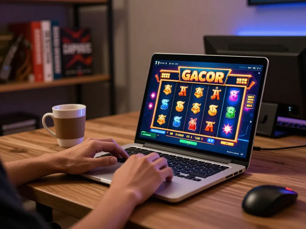 Playing slot gacor with engaging online gameplay interface in a cozy home setup