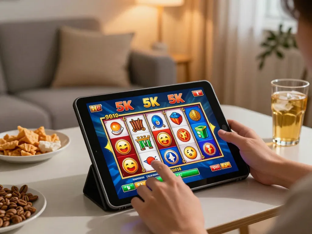 Engaging gameplay on a tablet showcasing slot 5k reels in a cozy living room.