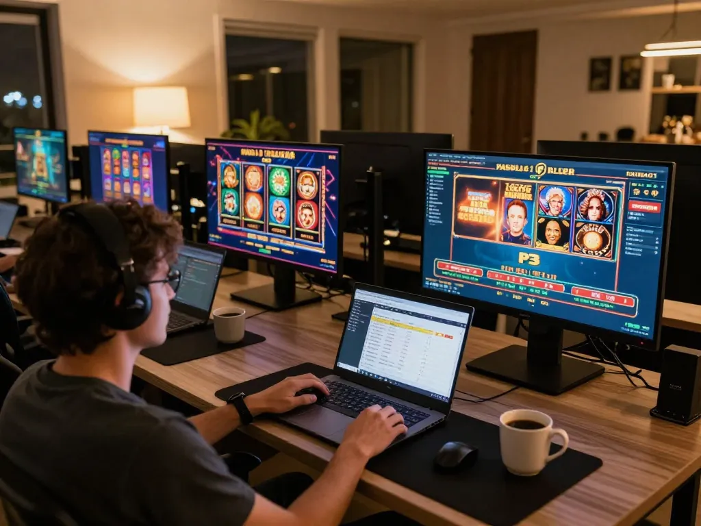 Engaged player using P3 online gaming platform on multiple screens, showcasing vibrant casino games.