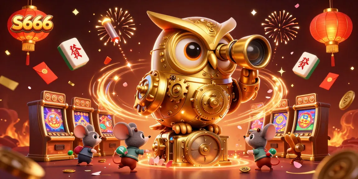 Experience thrilling action at S666, featuring an intricate scene with a golden owl scanning slot machines and festive decorations.