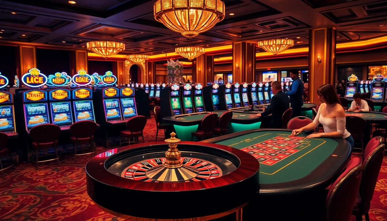 LC88 casino scene showcasing an exciting poker table and bright slot machines in a luxurious setting.