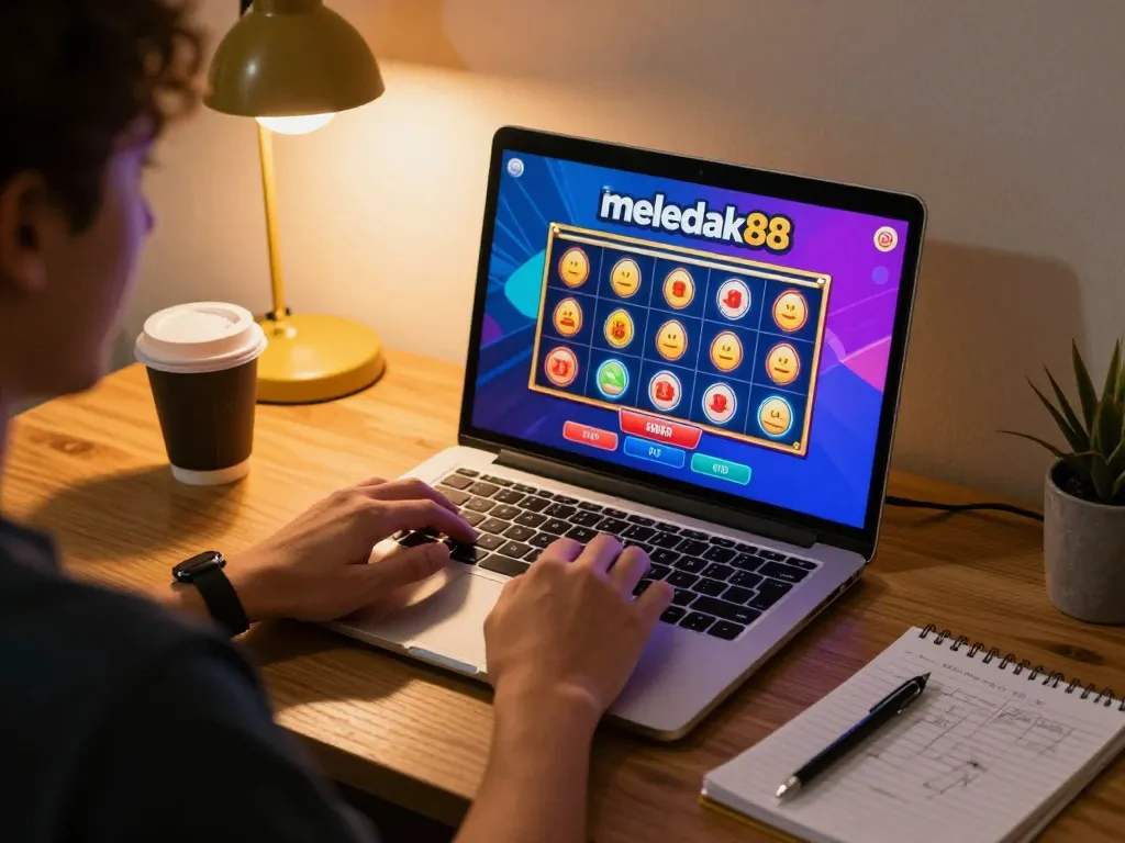Sesi permainan online yang menarik untuk meledak88 dengan seseorang yang menikmati permainan kasino di laptop.
