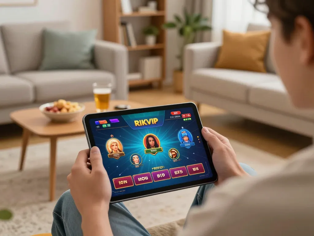 Player enjoying a game of rikvip on tablet while relaxing in a cozy living room