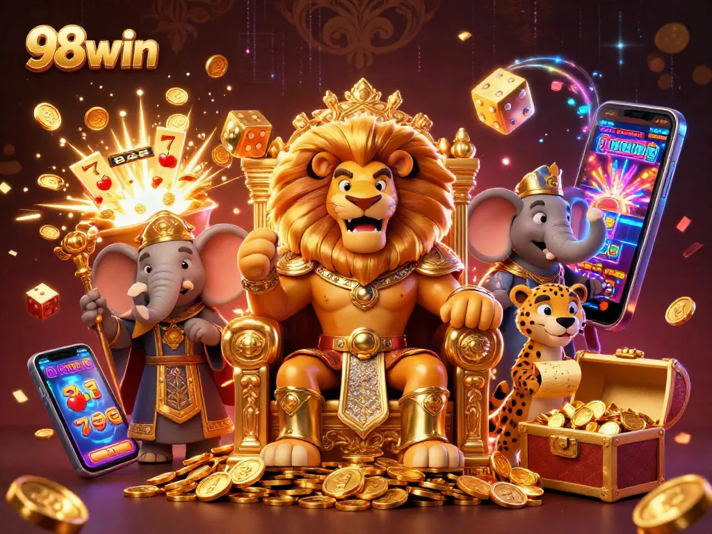 Win big at 98win with slots and casino games featuring a lion king and vibrant elements.