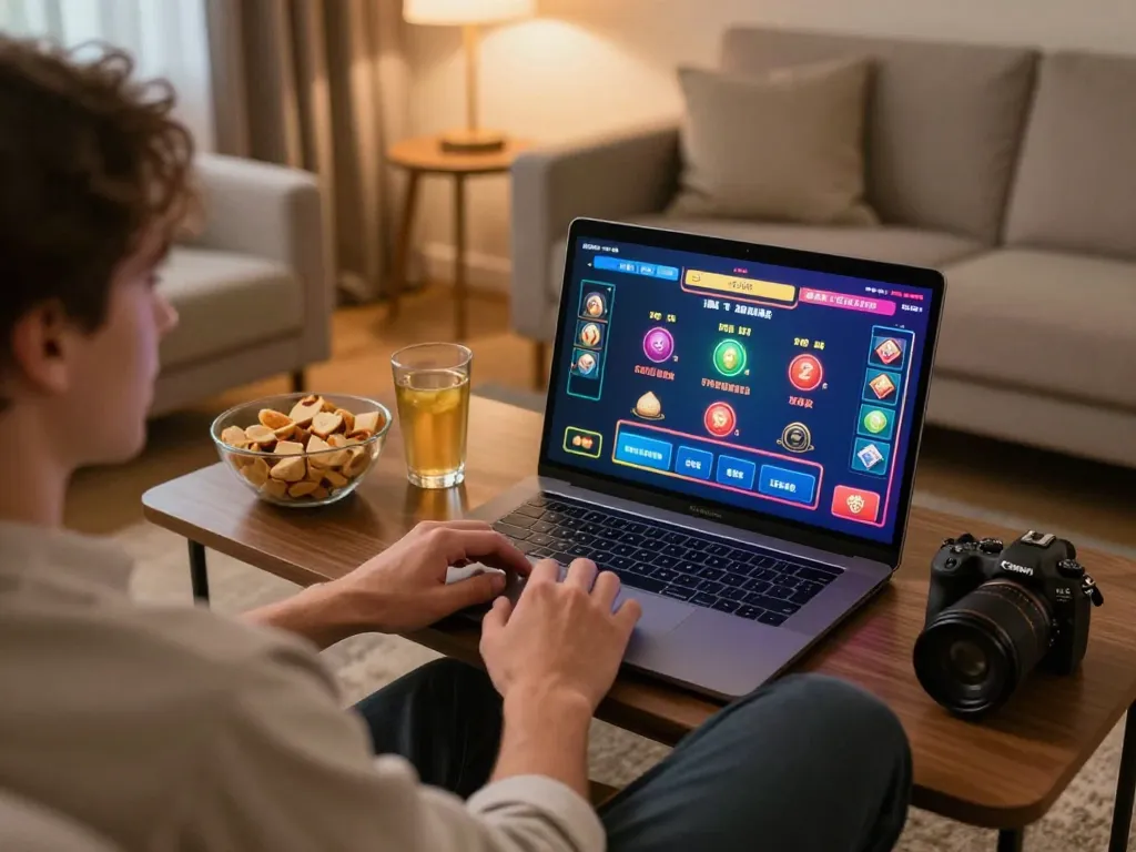 Player enjoying online casino games on sin88 platform in a cozy home setting with laptop and snacks