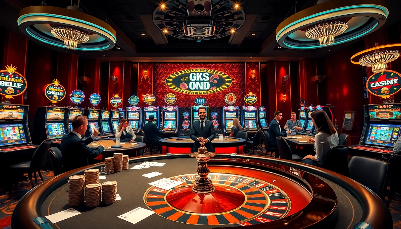 High-stakes gaming at GK88 com showcasing luxury tables and slot machines filled with excitement.