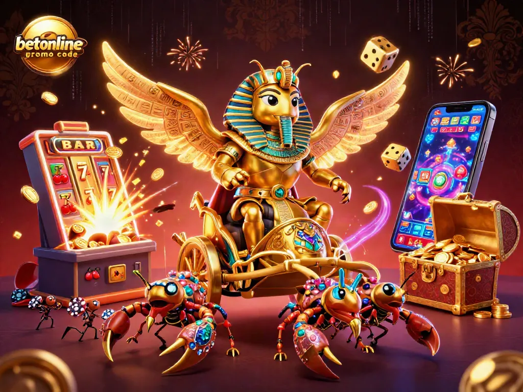 Engage with BetOnline promo code in an exciting casino scene featuring a golden scarab beetle and jackpot rewards.