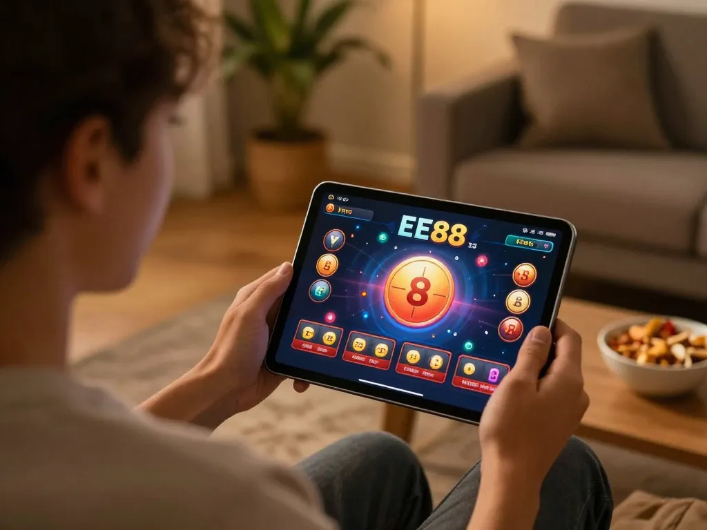 Player enjoying a thrilling gaming session on the EE88 casino app while relaxing at home.
