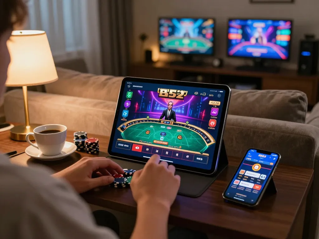 B52 gaming app on tablet showcases live dealer action in a cozy home setting