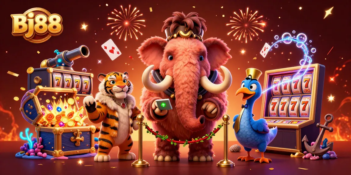 Bj88 showcases vibrant slot gaming excitement with a 3D bouncer, saber-tooth VIP, and doorman elements