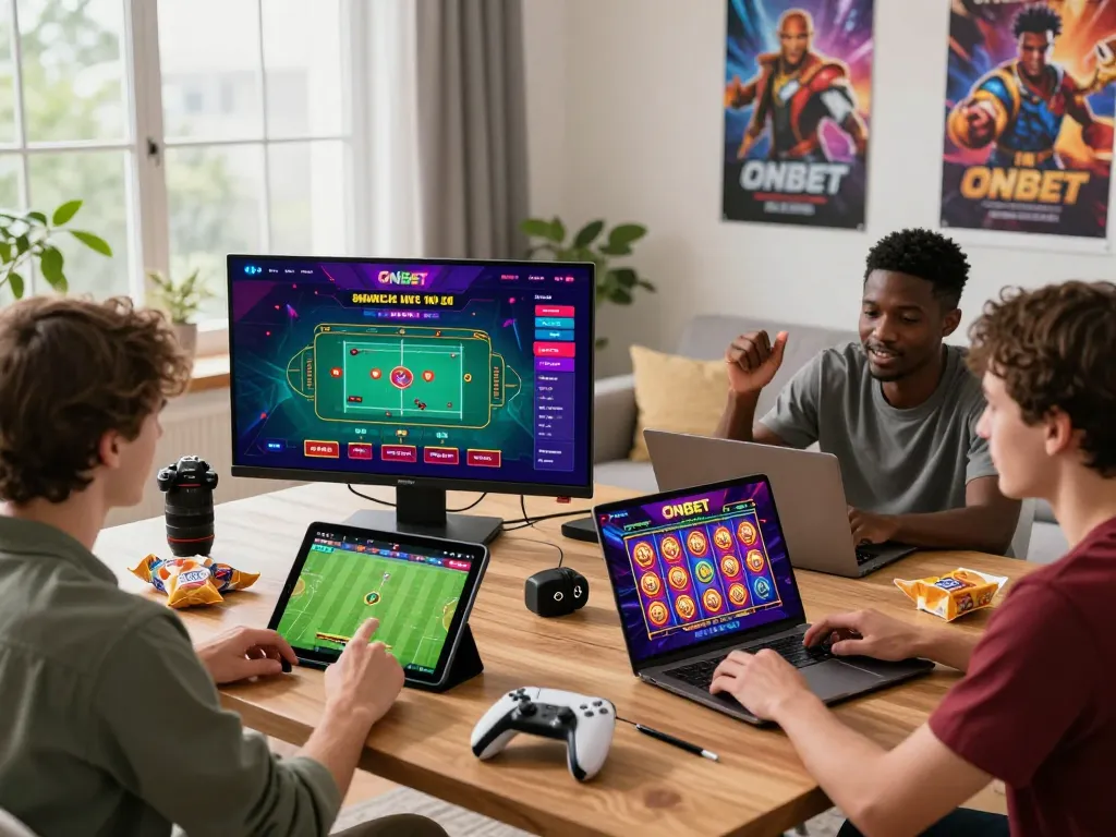 Players enjoying an immersive Onbet online gaming experience in a cozy living room.