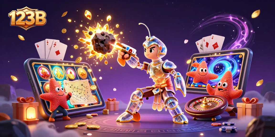 Experience the thrill of 123 B playing slots with vibrant golden gems and animated game elements in a cosmic scene.