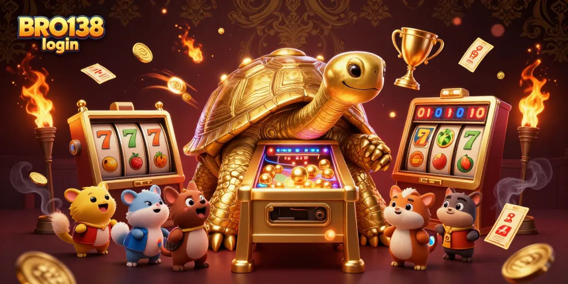 Engaging BRO138 login scene with a golden tortoise pinball machine, surrounded by slot elements.